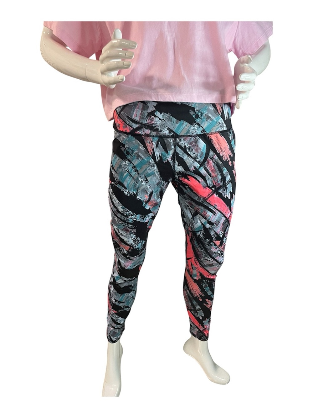Guru Active Abstract Print Leggings in Black with Pink & Blue Accents